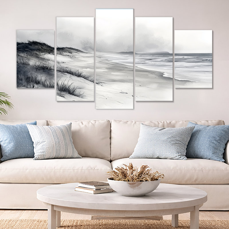 «Ocean Shore Line In Mexico - Beach Wall Art», ensemble de 5 reproductions sur toile grises