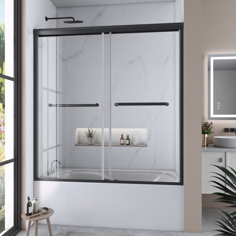 Porte de baignoire coulissante double en verre trempé transparent l 57 à 60 po x H 62 po Jraty, Noir