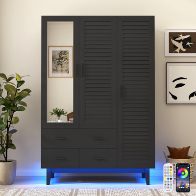 3-Door 71" Armoire Wardrobe With LED Lights, Mirror, Hanging Rod, 3 Drawers, And Shelves
