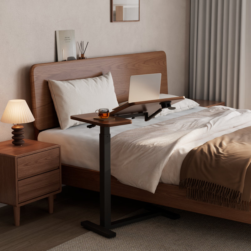 Table de bout à hauteur réglable en bois massif avec plateau inclinable, bureau de chevet mobile en forme de C, Brun