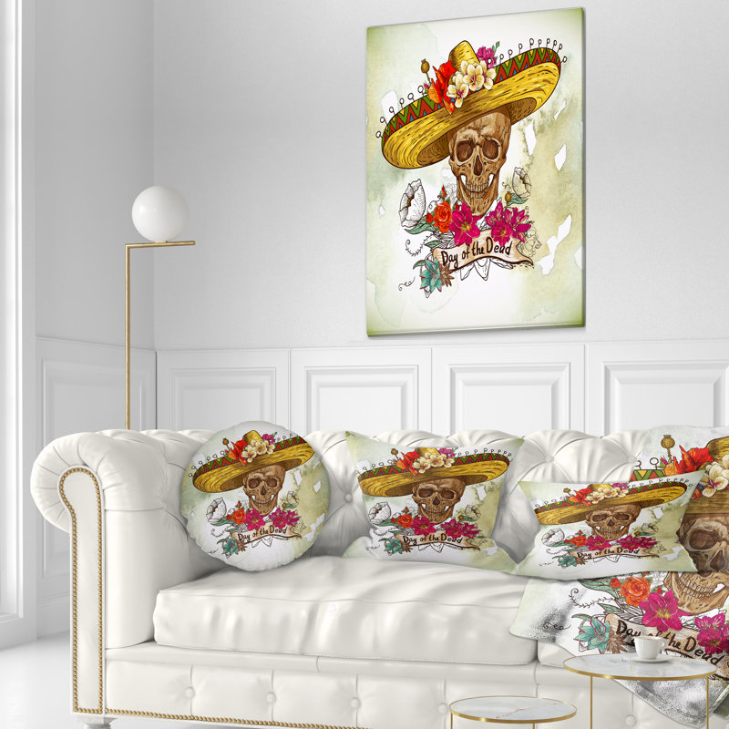 Crâne de Sombrero avec fleurs - coussin décoratif imprimé floral, Rectangulaire, 12 po x 20 po