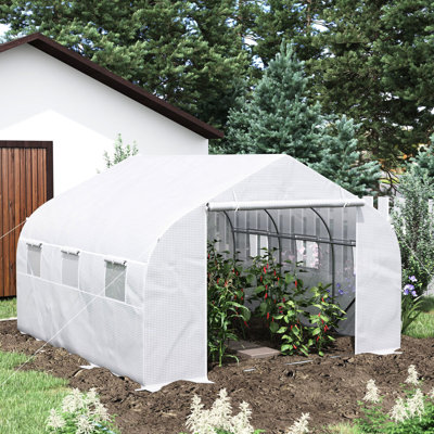 Serre 12 pi x 10 pi 7 pi, acier galvanisé, blanc, avec porte en filet à fermeture à glissière pour faciliter la gestion des plantes