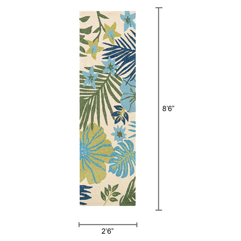 Stowthewold Floral Ivory Fern Green Handmade Indoor Outdoor Area Rug, Runner 2'6" x 8'6"