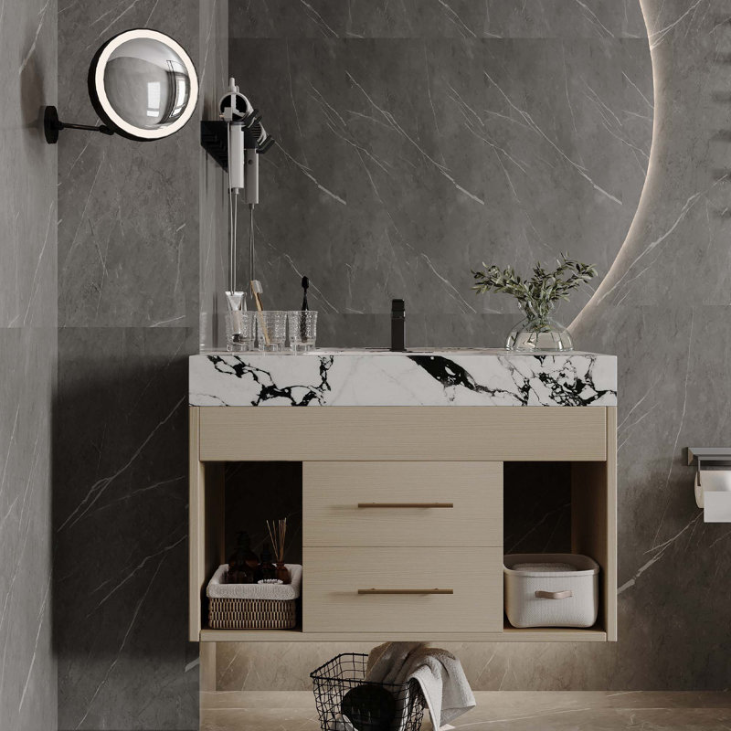 Ensemble de meuble-lavabo flottant 29,9 po avec évier encastré en céramique, Bois, Blanc noir