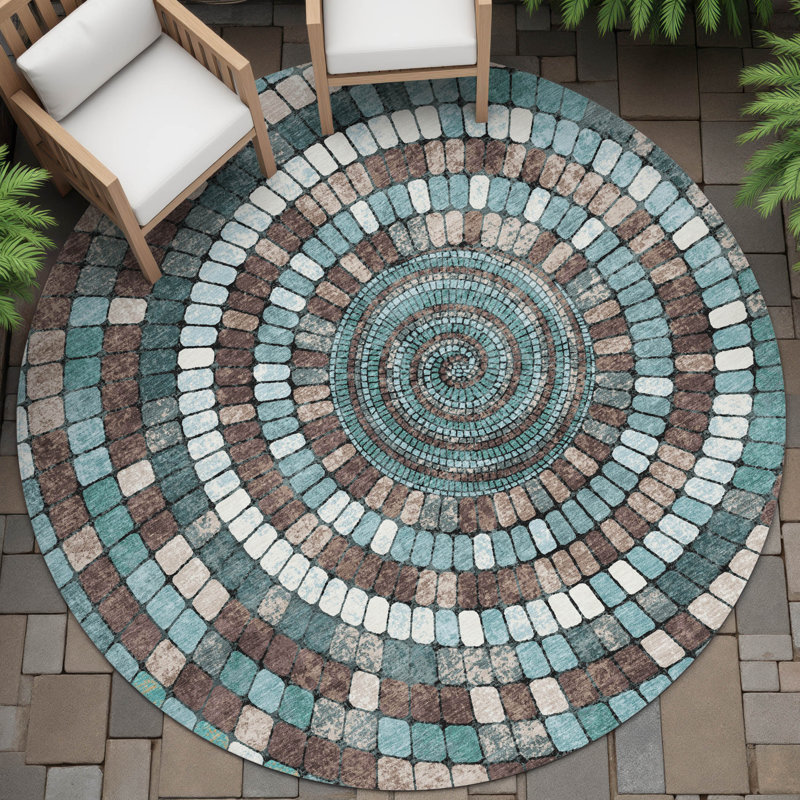 Machine Washable Indoor/Outdoor Husby ACN2216 Geometric Rug, Round 8'