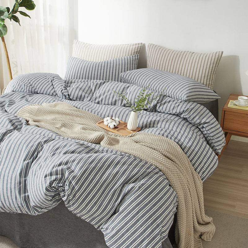 Ensemble de housse de couette à rayures XINMIANFANG, Bleu marine / blanc, Housse de couette pour très grand lit et 2 taies 