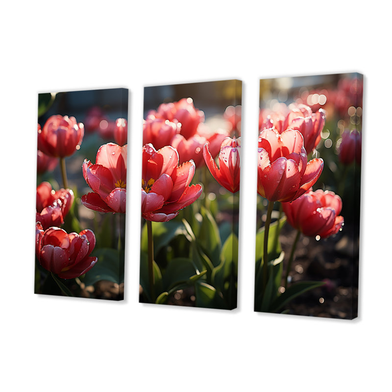 Tulipes rouges cramoisies se balançant dans un jardin ensoleillé - ensemble d'art mural tulipes, Toile tendue