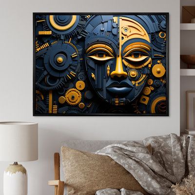 Yellow And Blue African Kuba Patterns Mask - African Mask Wall Art