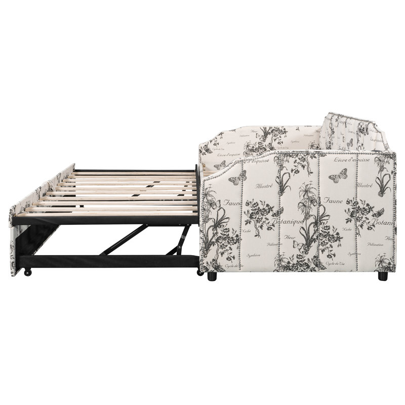 Upholstered Daybed with Pop-Up Trundle & USB Charging Ports, White Tossed Botanical