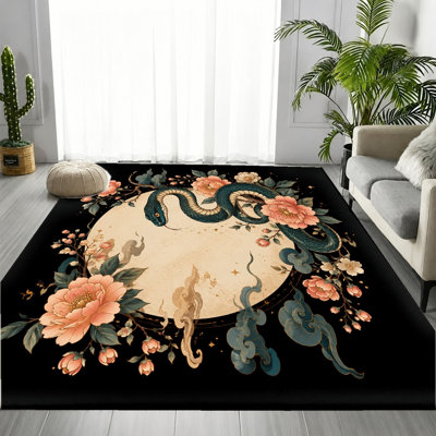 Tapis oriental rétro, motif floral serpent noir doré, tapis antidérapant lavable à la machine, décoration intérieure artistique élégante pour salon, chambre à coucher, entrée, porte d'entrée, cuisine, balcon, appartement