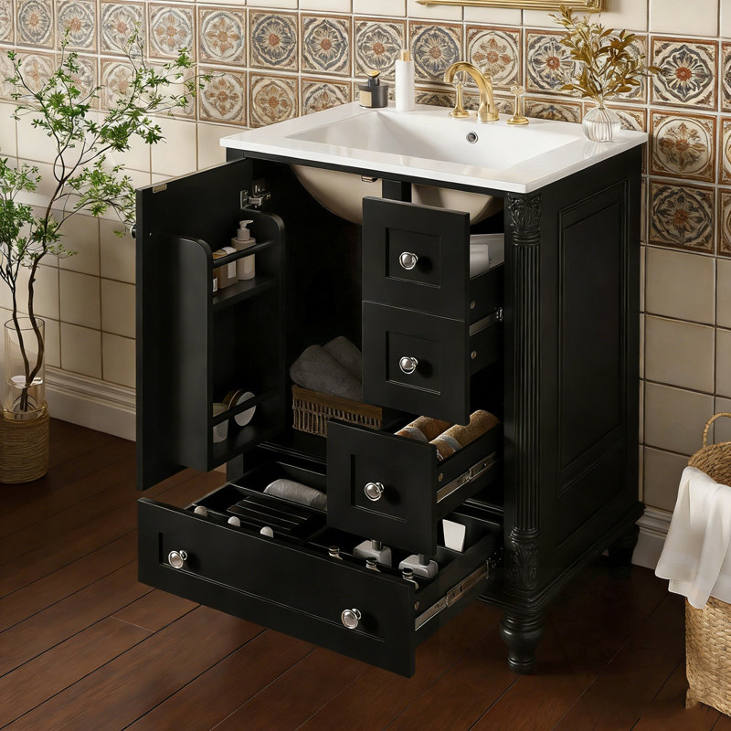 Meuble-lavabo de salle de bain avec lavabo, 3 tiroirs et tablette de porte, Noir