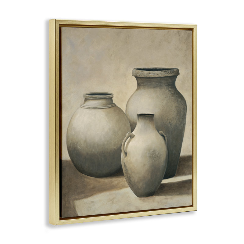 Trio de vases avec cadre flottant nature morte, conception d'André Mazo, H 31 po x l 25 po, Cadre flottant métallique doré