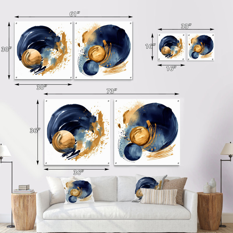 «Dark Blue & Gold Abstract Circle Texture I», ensemble de 2 peintures murales abstraites géométriques en acrylique