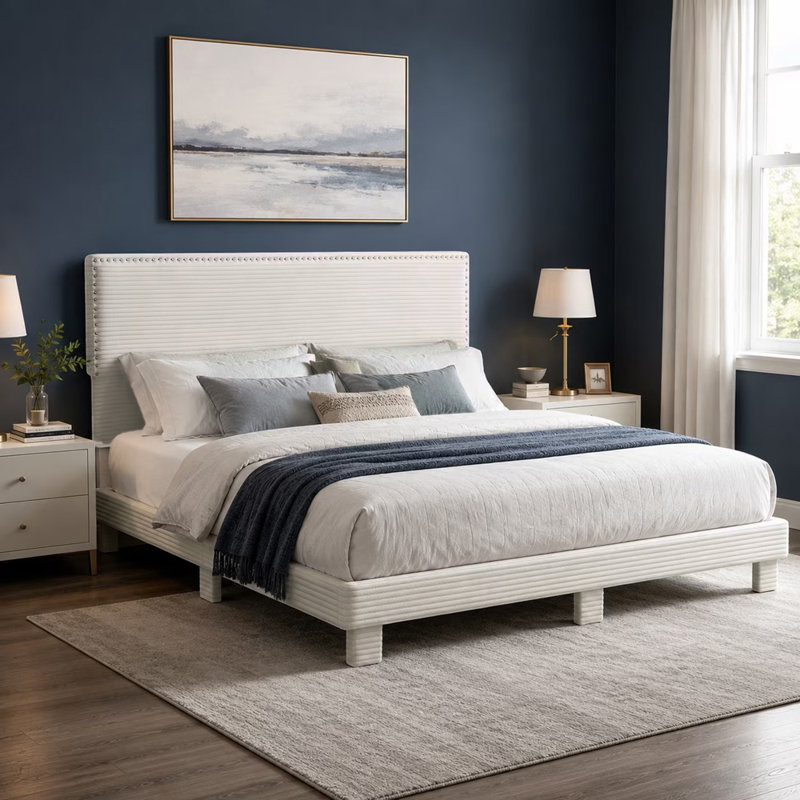 Lit plateforme tapissier, Beige, Velours côtelé