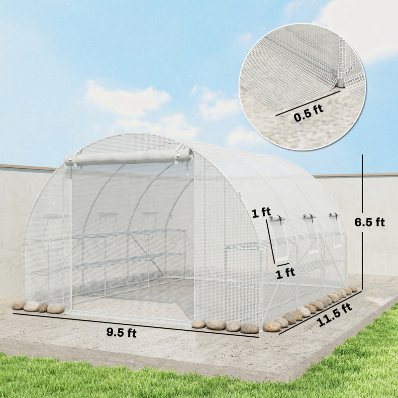 10'x11'x6' Walk-in Tunnel Greenhouse with Shelves, Mesh Door and Windows, Hoop House Greenhouse with PE Cover, Outdoor Green House for Patio Lawn Garden, White