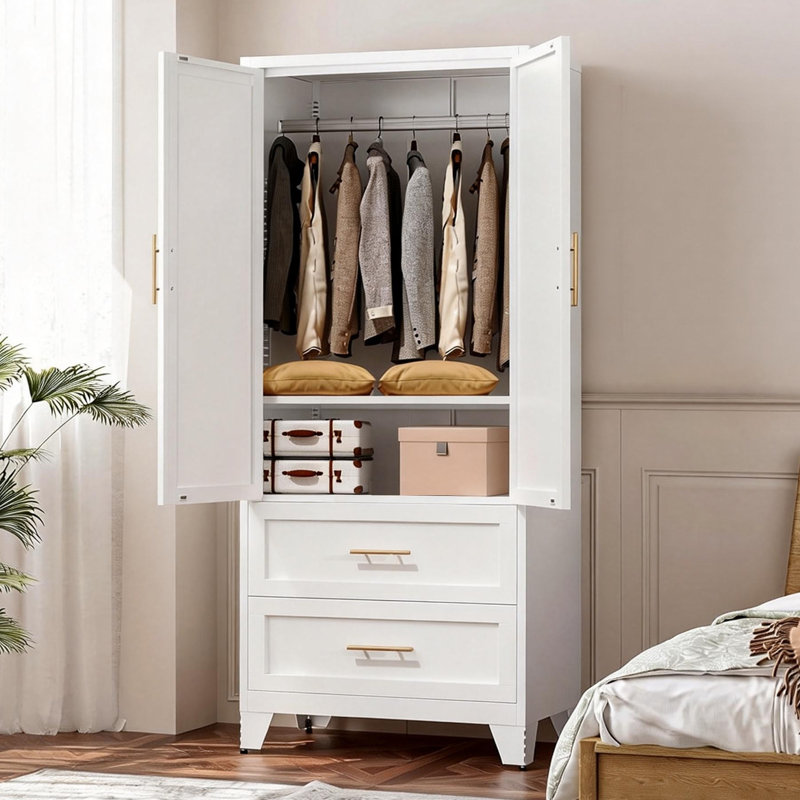 Armoire-penderie autoportante pour chambre à coucher de 71 po avec 2 tiroirs, tringle et poignées dorées