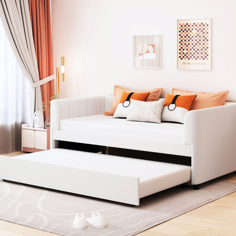 Lit de jour simple en velours beige avec housse de lit gigogne extensible et compacte pour une nuit de sommeil paisible