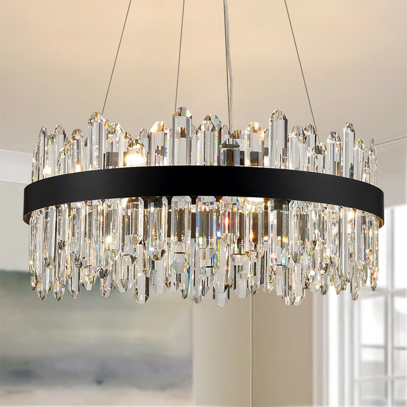 Lustre en cristal 16 lumières moderne avec cristaux K9, luminaire suspendu ovale noir à 2 niveaux pour la salle à manger, le salon, le vestibule