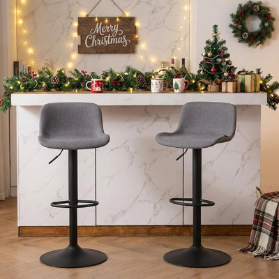 Modern Upholstered Counter Height Bar Stools Set Of 2 With Grey Fabric Seats, Adjustable Swivel, And Black Metal Legs