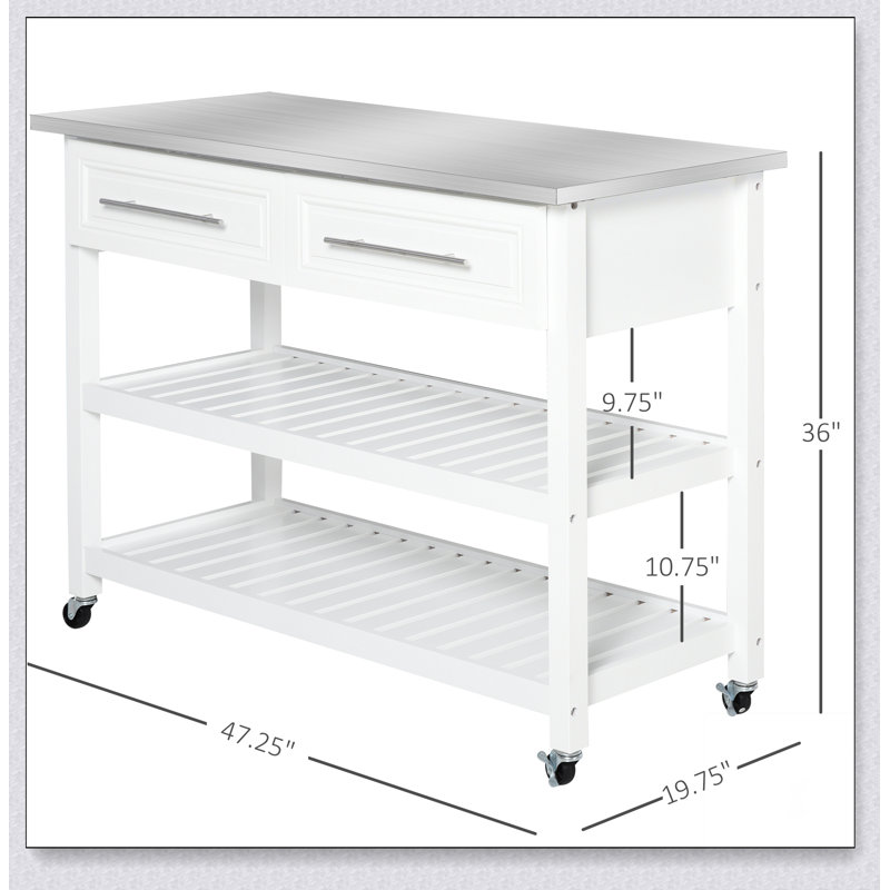 Îlot de cuisine avec plateau en acier inoxydable, tablettes ouvertes, tiroirs, gris