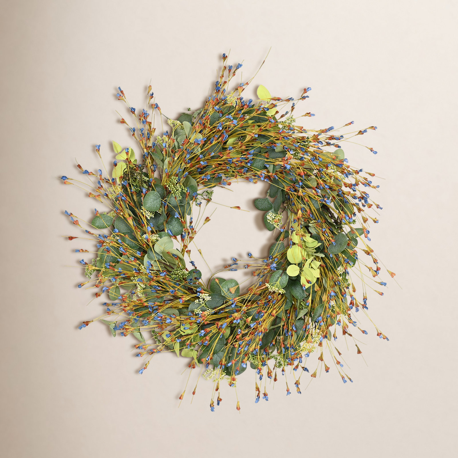 24" Artificial Farmhouse Blossom Cluster Eucalyptus Greenery Foliage Wildflower Fall Wreath For Front Door, Blue