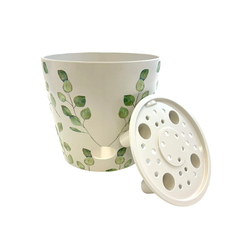 Bamboo Blooms 7" Gray Leaves Round Self-Watering Indoor/Outdoor Bamboo Plant Pot, Green