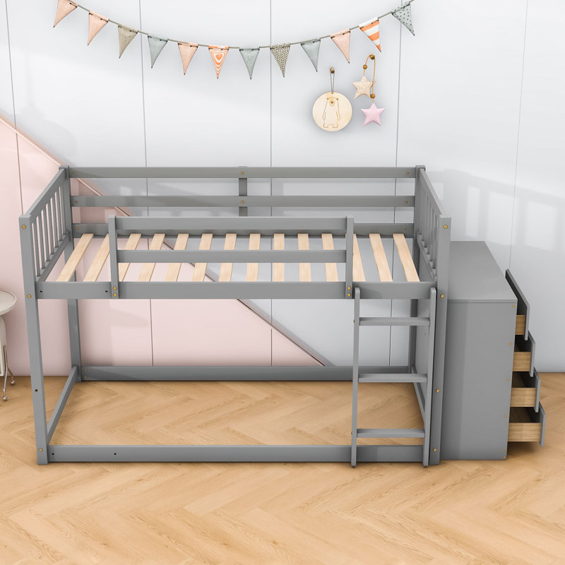 Kialah Space-Saving Bunk Bed With Built-In Storage And Slats, Gray, Twin Over Twin