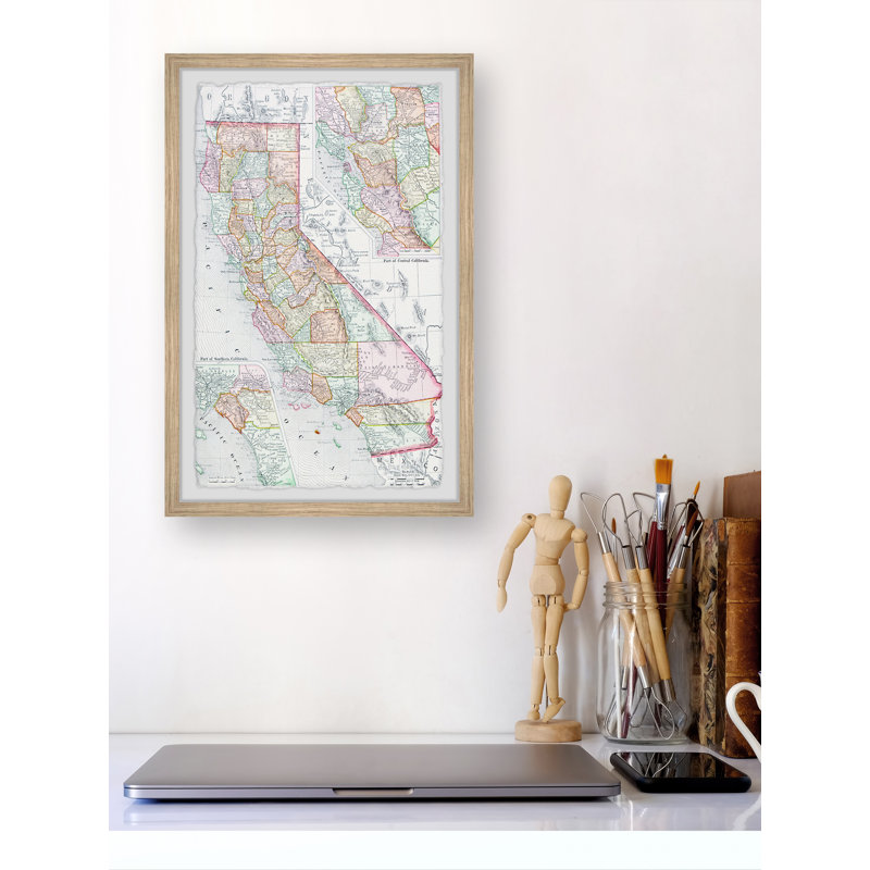 Carte des comtés de Californie - reproduction de cadre photo sur papier, H 12 po x l 8 po x P 1,5 po