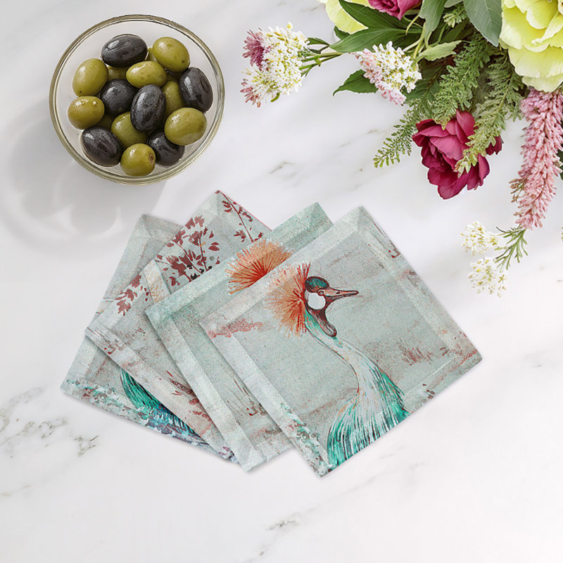 Crested Crane Cotton Sateen Cocktail Napkins, Turquoise Red
