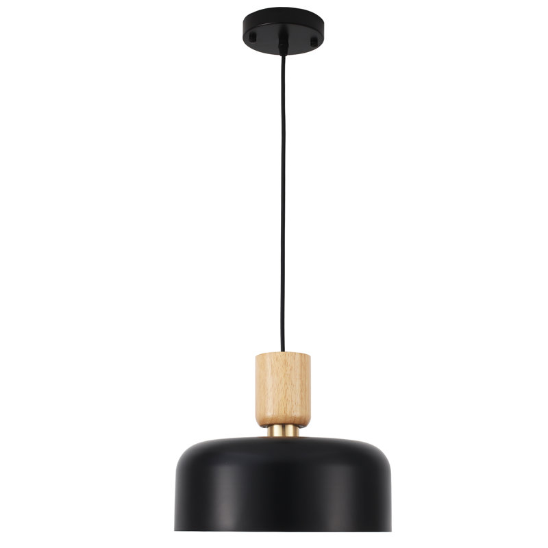 Donnelle 1 - Light 12" Single Simple style Pendant with solid wood decoration light base, Black