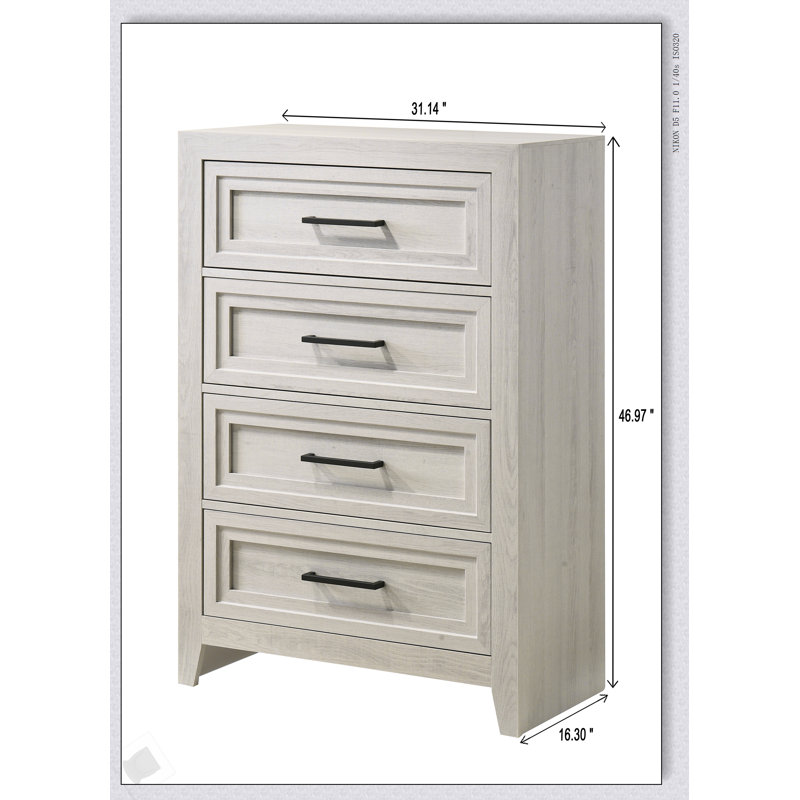 Commode contemporaine à quatre tiroirs avec un design géométrique et une finition blanc cassé, parfaite pour les solutions de rangement modernes.