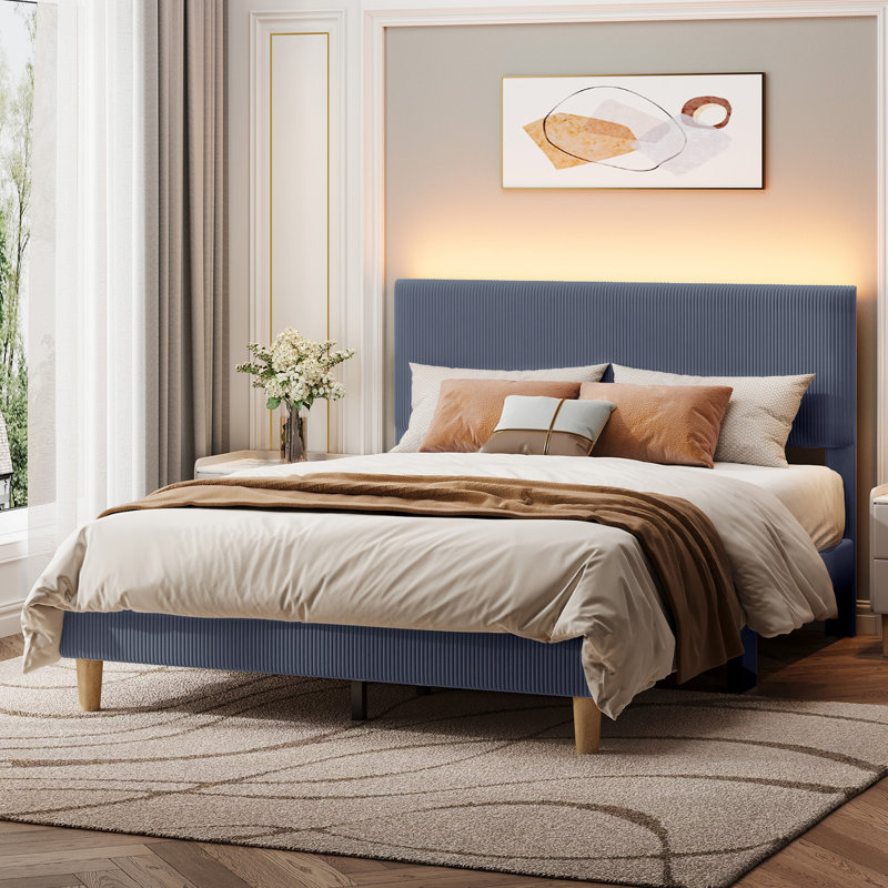 Corduroy Upholstered Platform Bed with Channel-Tufted Headboard, Modern Queen Bed Frame with Soft Padded Edges and Ambient LED