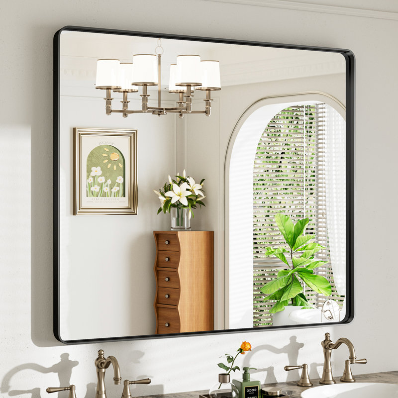 Miroir de salle de bain mural Llesenia, Noir mat, 40 po x 36 po, Rectangulaire