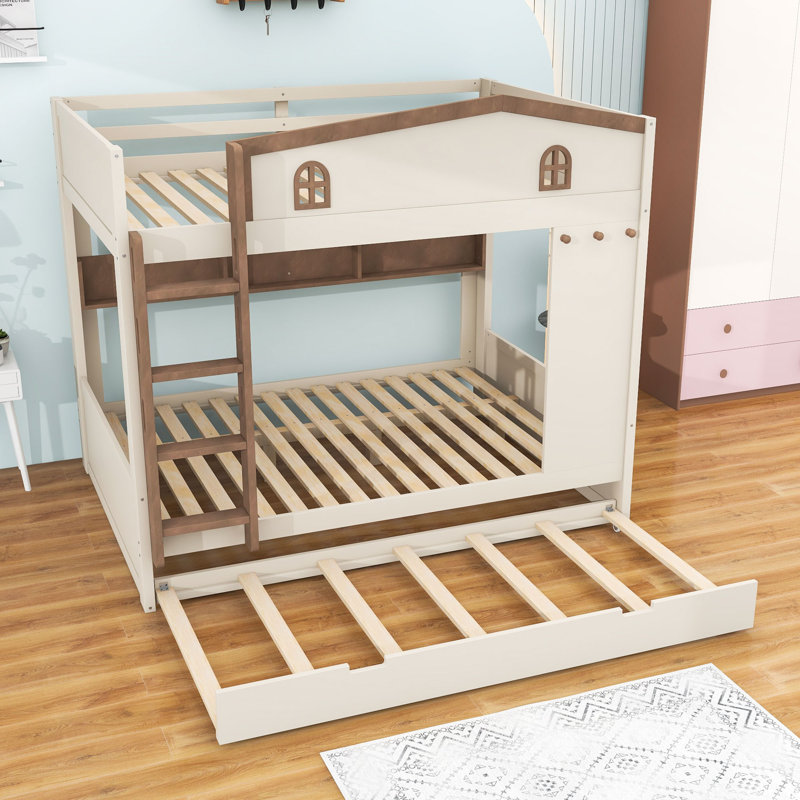 Lit superposé en bois avec tablettes de rangement et lit gigogne, Lit superposé grand sur grand, Naturel beige