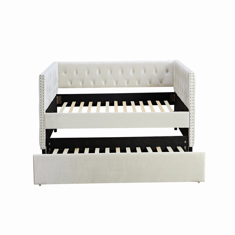 Daybed with Trundle  Sofa Bed, upgraded velvet upholstered  with Button on Square Arms, Beige, Full