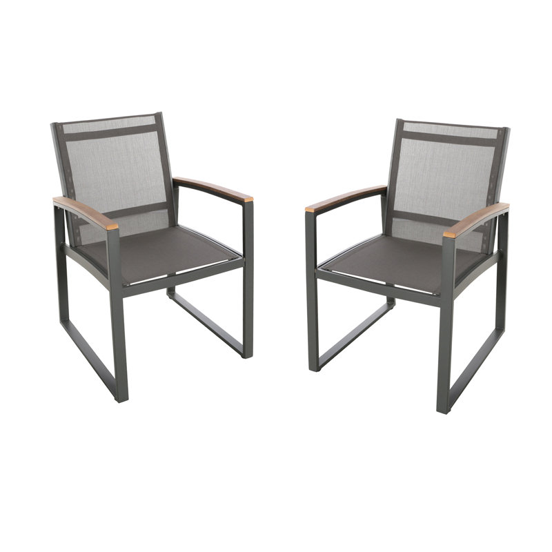 Patio Dining Chair 2, Grey, Aluminum Mesh Seat And Back, Rust- Frame, Contemporary Outlook Outdoor Pair  2  - Grey With Faux Handles Seat/Back Feature