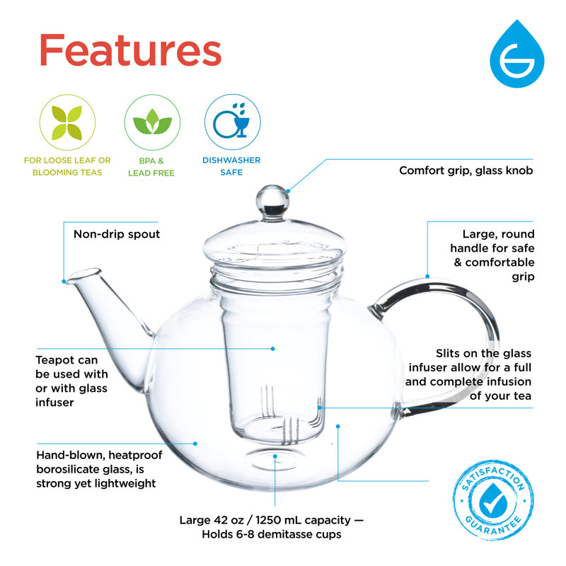 Monaco Clear Glass Teapot with Infuser, 42 oz
