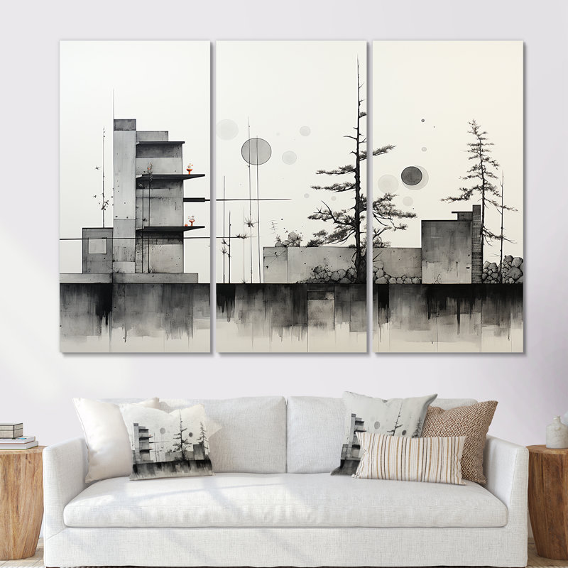 Carreau de forêt géométrique blanc et gris 1 - mosaïque boho, Toile tendue, H 40 po x l 61 po x P 1 po