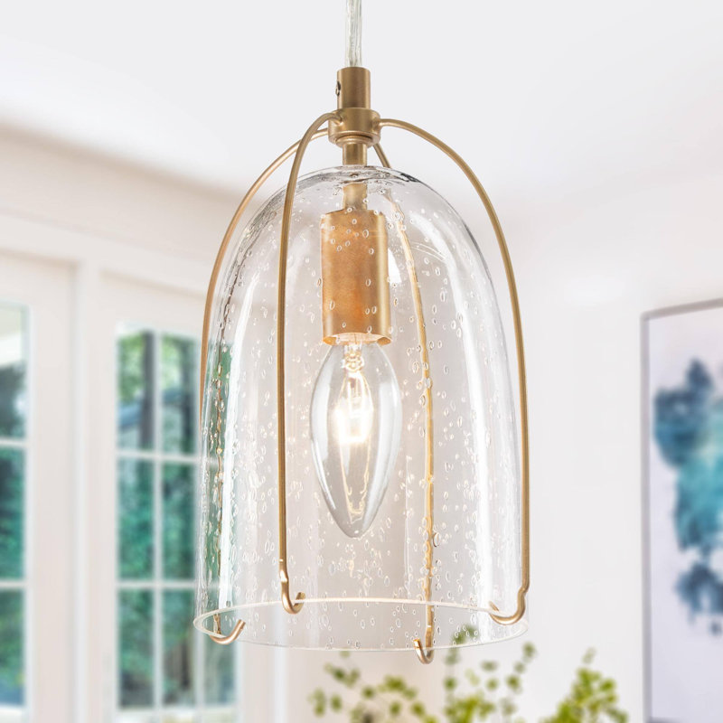Suspension en verre bullé doré à une lumière avec structure en fer