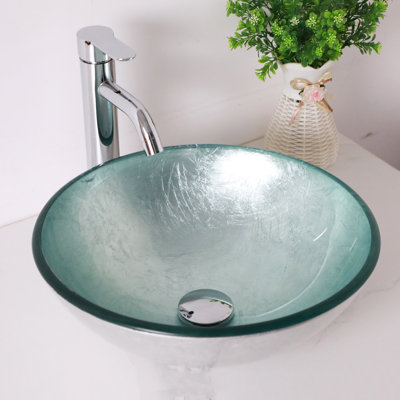 Lavabo de salle de bain en verre trempé argenté au-dessus du comptoir avec drain escamotable L 15 po x l 15 po