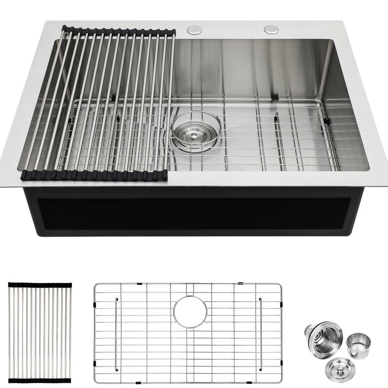 33X22 Inch Topmount Sink: 16 Gauge Stainless Steel With Soundproof Coating And Hygienic Design Single Bowl Kitchen Sink Inch: Efficient Drain Sound Absorption Pad