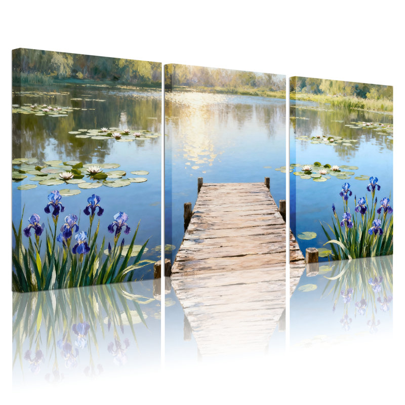 Assortiment de bouquets de quais en bois, nénuphars, iris mauves, reflet du lac calme, ensemble de 3 reproductions d'art sur toile