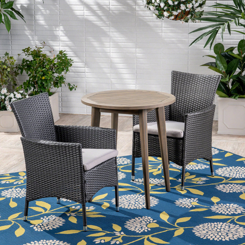 Elifils 2 - Person Acacia Wicker Patio Dining Set with Round Table , Cushions Included, Gray Frame / Silver Cushion