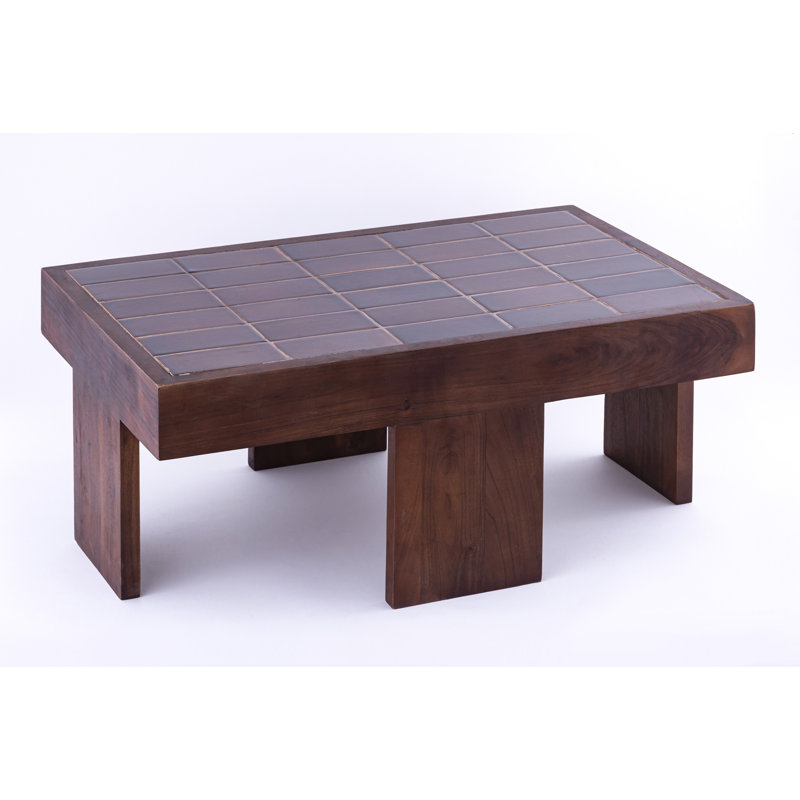 Table en bois avec plateau en tuiles, Brun