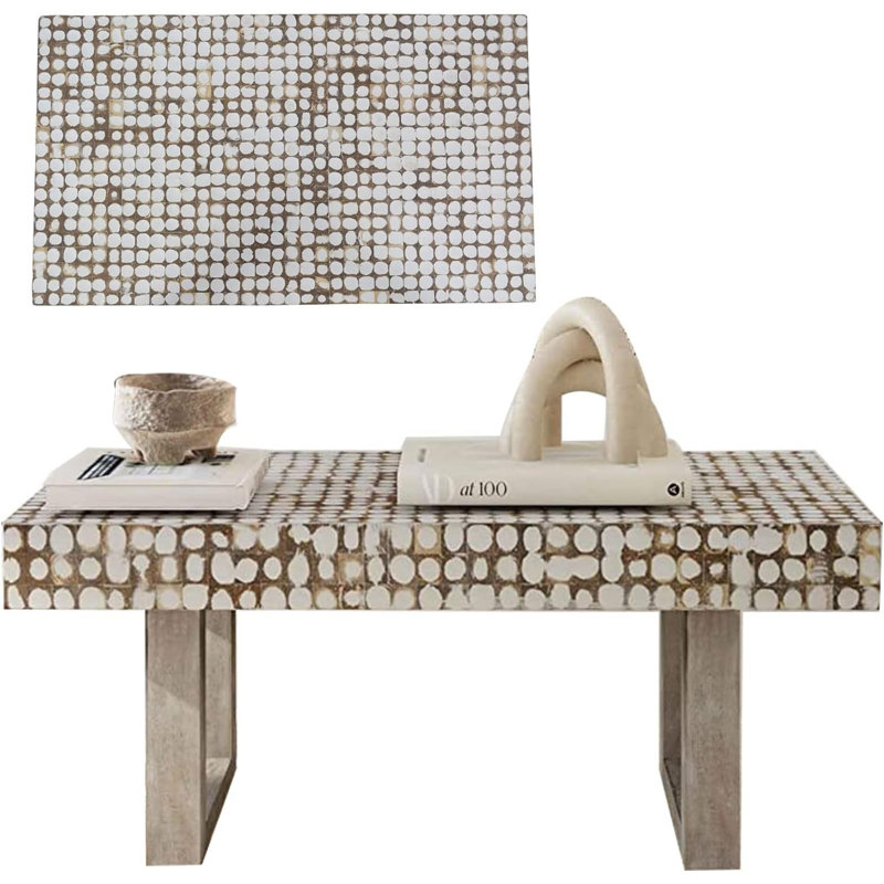 Handmade Coconut Shell Mosaic Coffee Table – Rustic Farmhouse & Coastal Style Rectangle Accent Table With White Patina Finish