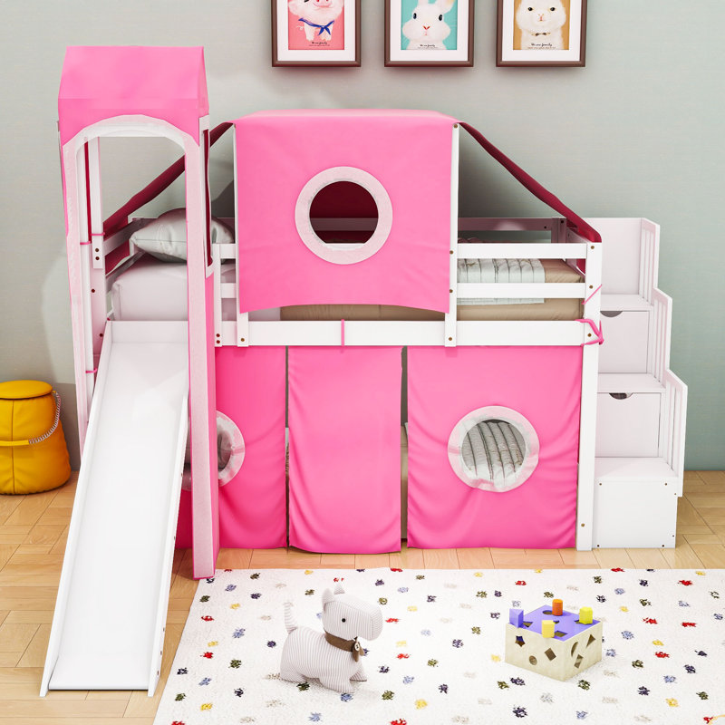 Jaleana Slat Loft Bed with Bookcase, Pink, Twin