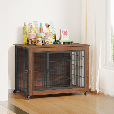 Meuble de caisse en bois pour chien avec structure en panneau de fibres à densité moyenne et acier, table de bout pour chenil pour chien à deux portes, cage pour animaux robuste avec roulettes pour petits chiens anxieux