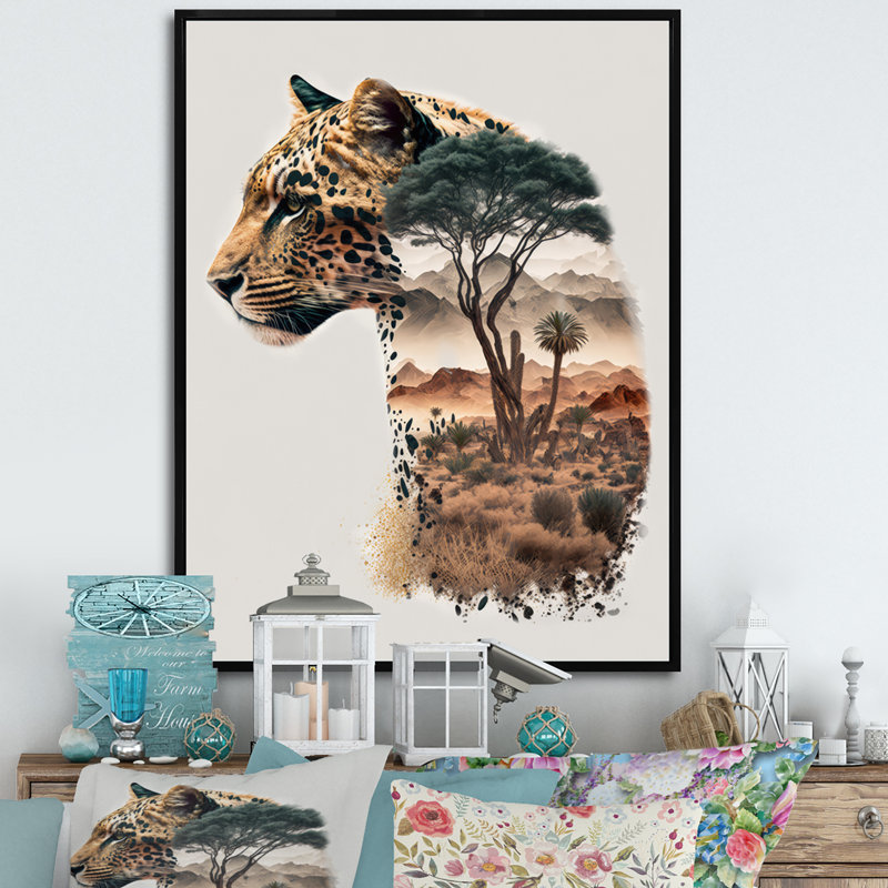 Double exposition d'un tigre avec un paysage africain III - photographie sur toile, H 44 po x l 34 po x P 1,5 po