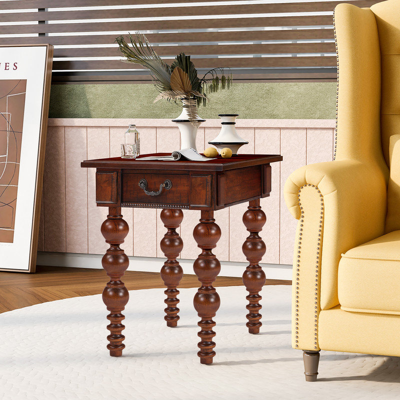 Table de bout vintage en bois massif avec tiroir, Noyer