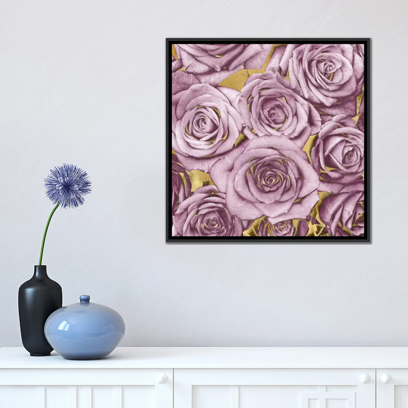 «Roses - Amethyst on Gold», impression sur toile, H 18 po x l 18 po x P 1,5 po, Toile avec cadre noir, Pas de tapis